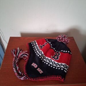 Red Sox Men's Fair Isle Design Knit Pom-Pom Ear Flap Tassel Tie Winter MLB Hat